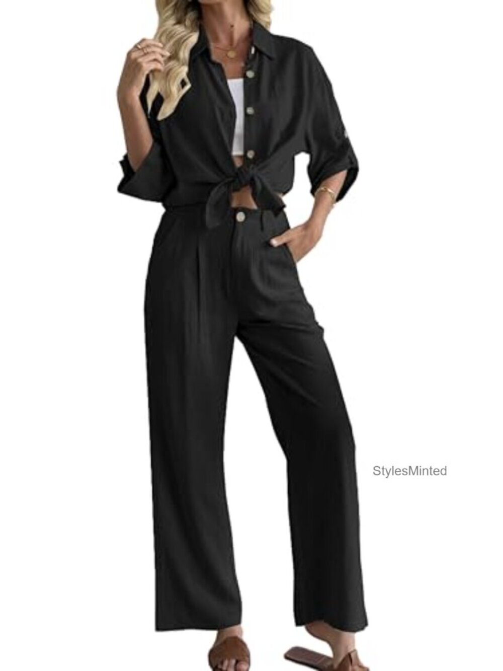 Linen Blend 2 Piece Outfit Button Down Shirt Wide Leg Pants Set